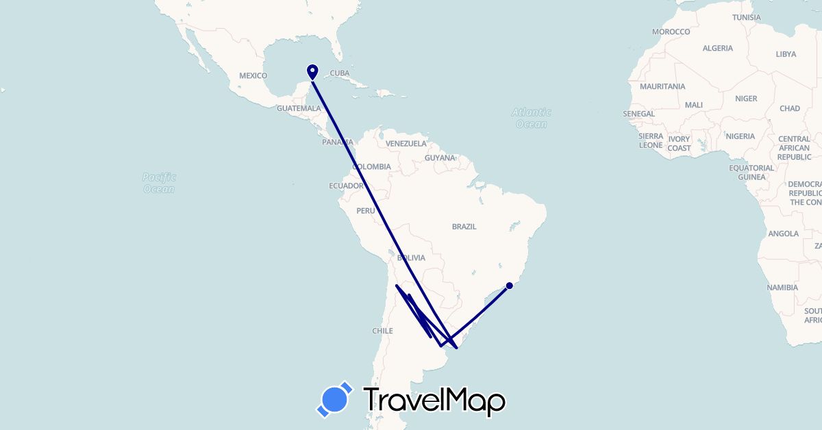 TravelMap itinerary: driving in Argentina, Brazil, Chile, Mexico, Uruguay (North America, South America)